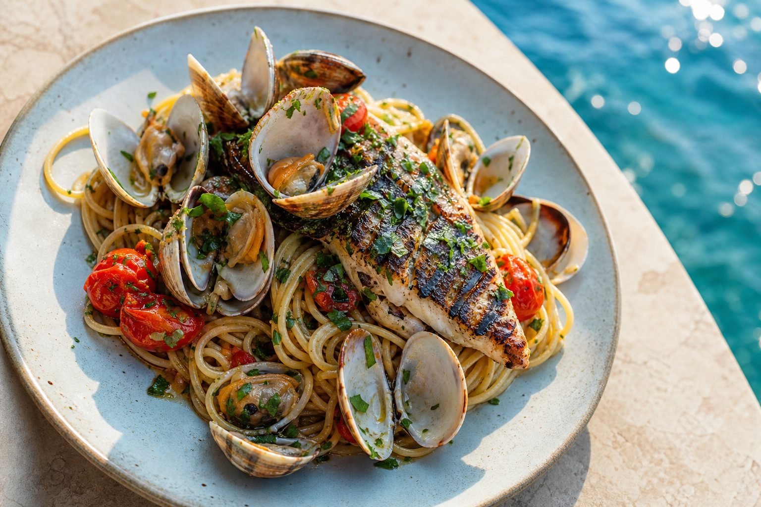 Piatto di pesce servito vista mare